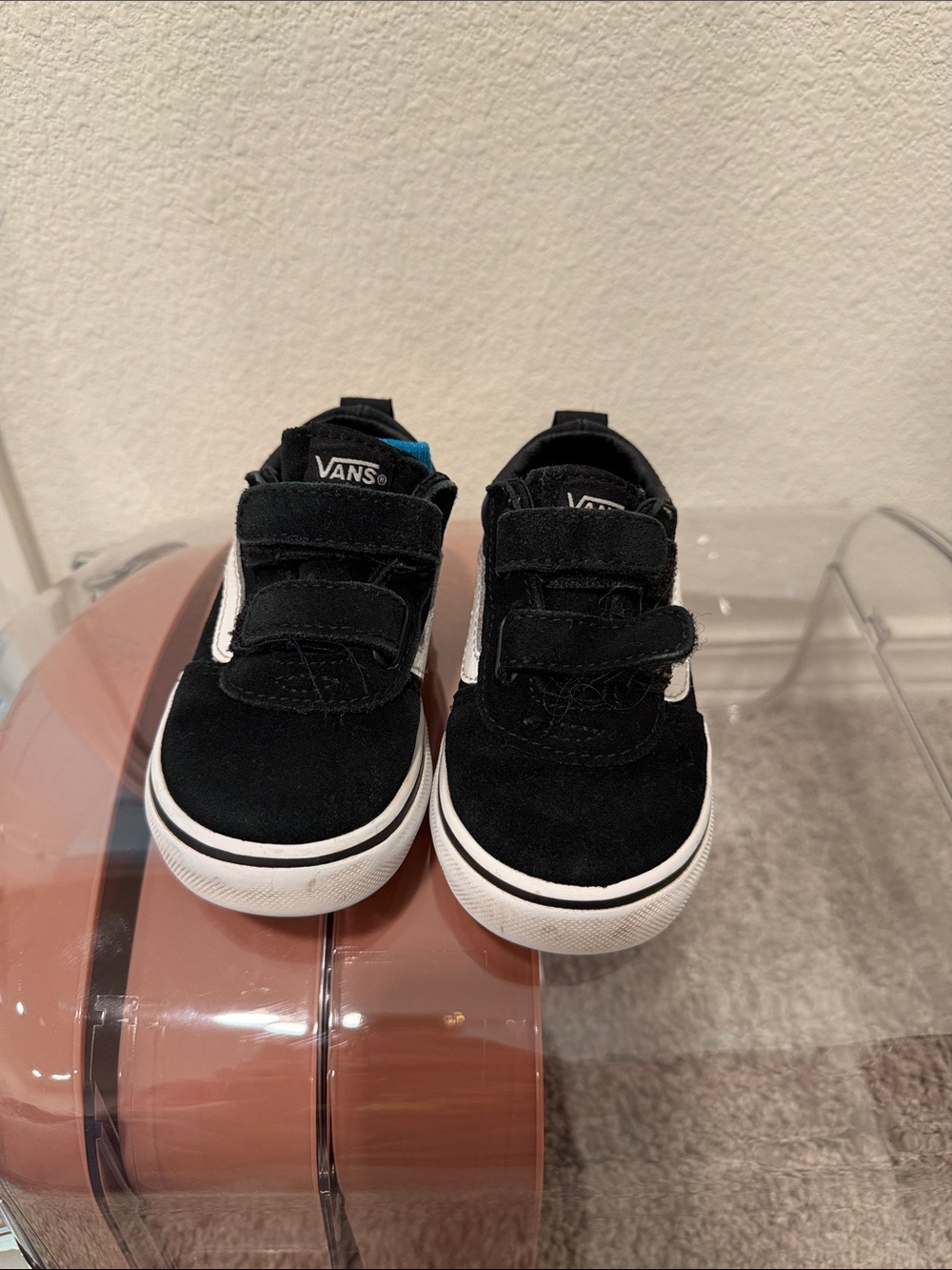 Vans Kids Black and White Velcro Skate Sneakers with Blue Heel Tab